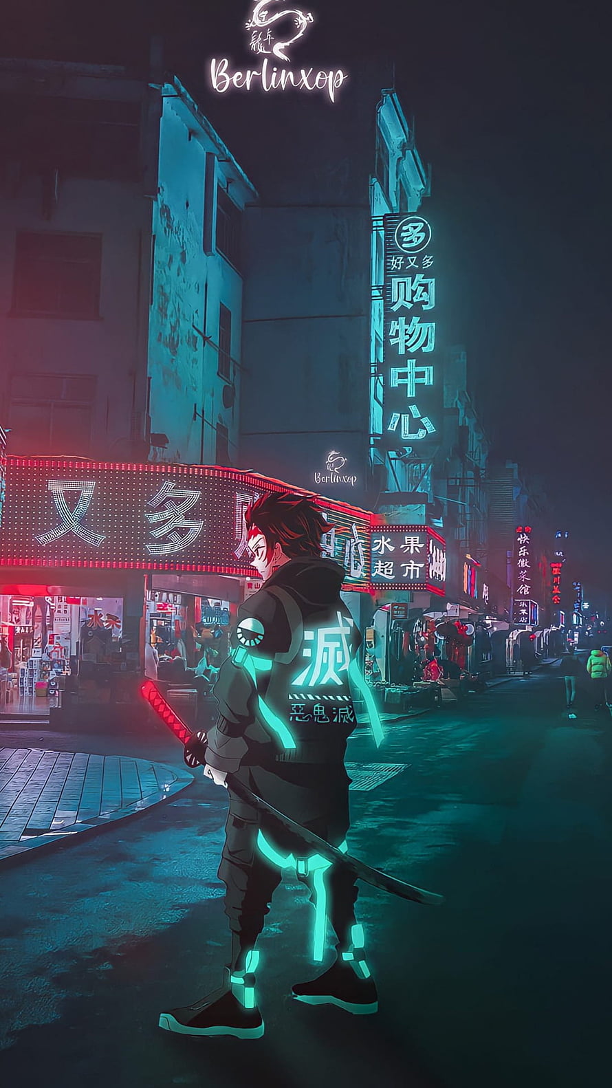Demon Slayer Tanjiro Kamado Cyberpunk Neon City Street Art Wallpaper HD phone wallpaper