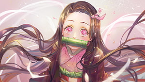 Nezuko Kamado from Demon Slayer in a Dreamy Pink and White Anime Illustration HD wallpaper
