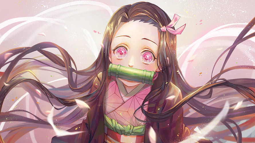 Nezuko Kamado from Demon Slayer in a Dreamy Pink and White Anime Illustration HD wallpaper