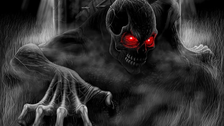Menacing Demon Skull with Glowing Red Eyes and Skeletal Hand in Dark Fantasy Art HD wallpaper