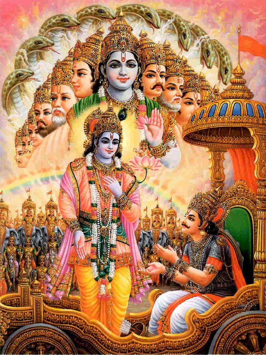 Lord Krishna and Balarama in the Chariot with Seven Hoods of Adishesha HD phone wallpaper