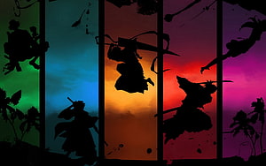 Silhouette of Naruto Shippuden Characters in Action Poses Against a Colorful Gradient Background HD wallpaper