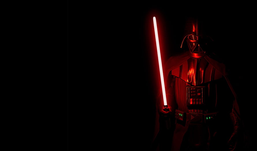Darth Vader Holding Red Lightsaber in Dark Cinematic Scene HD wallpaper