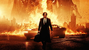 Robert Pattinson as Batman in a fiery cityscape with a classic car and towering figures, Robert Pattinson in The Batman 2022 Ultra ID:9592, the batman 2022 robert pattinson HD wallpaper