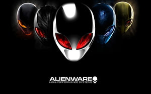 Alienware High-Performance Systems Logo with Five Glowing Alien Heads on Black Background HD wallpaper