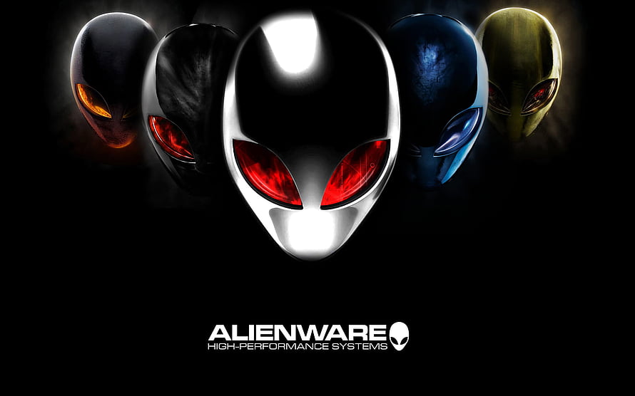 Alienware High-Performance Systems Logo with Five Glowing Alien Heads on Black Background HD wallpaper