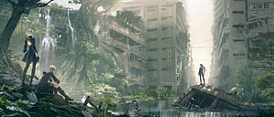 Nier Automata 2B 9S and A2 in Overgrown Post-Apocalyptic City HD wallpaper