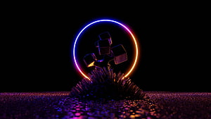 Neon Ring and Crystal Tree 3D Render on Dark Background HD wallpaper