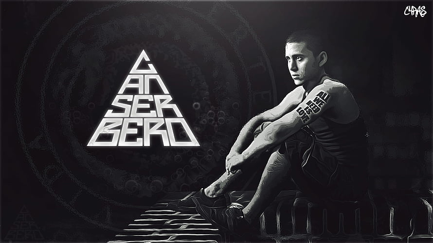 Canserbero Monochrome Portrait with Geometric Logo and Dark Industrial Background HD wallpaper