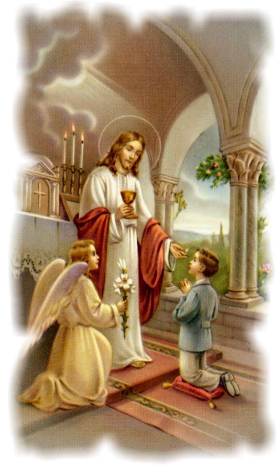Jesus Christ Administering Holy Communion to a Boy with an Angel Present HD phone wallpaper