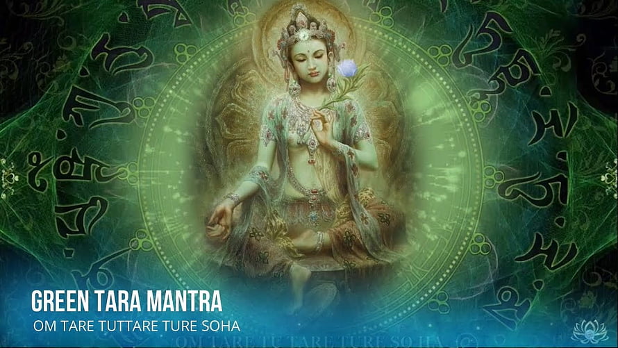 Green Tara Mantra Meditation Artwork with Sanskrit Script and Lotus HD wallpaper