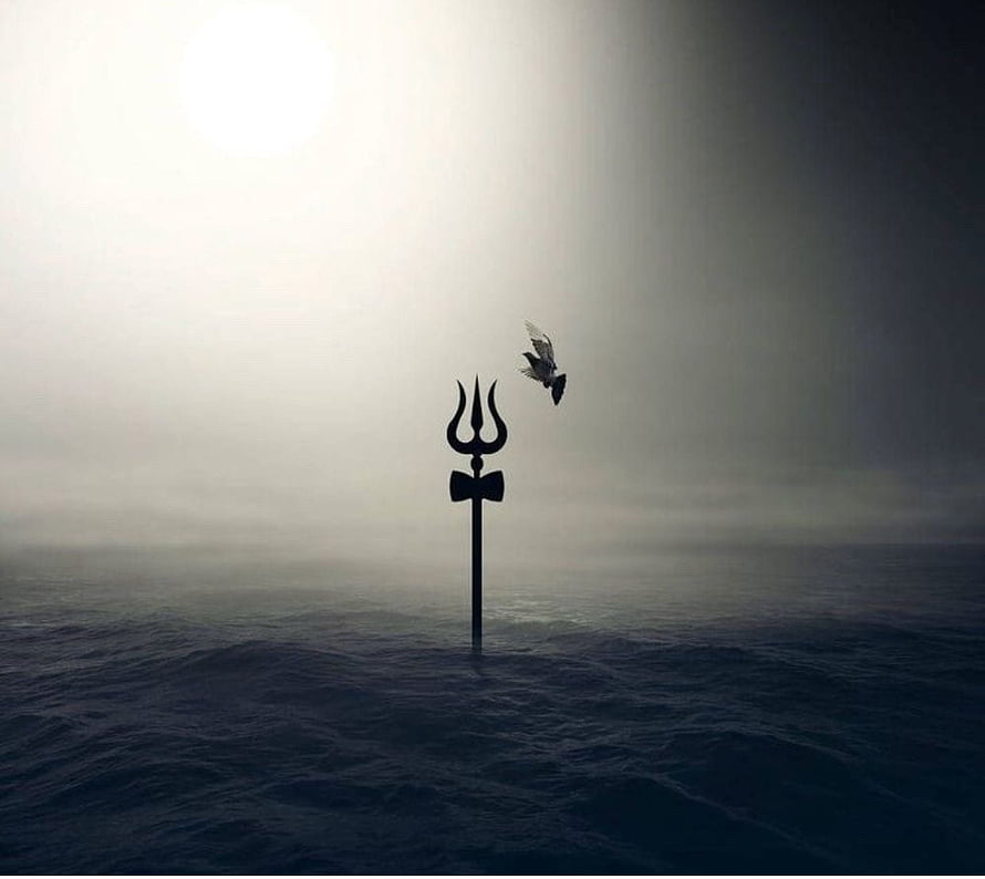 Silhouette of a Trishul Standing in the Ocean with a Bird in Flight HD wallpaper
