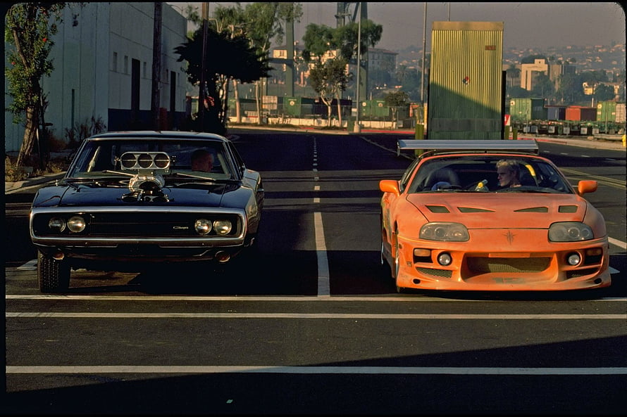 Fast and the Furious Crossroads Drag Race Scene with Classic Muscle and Modified Sports Cars HD wallpaper