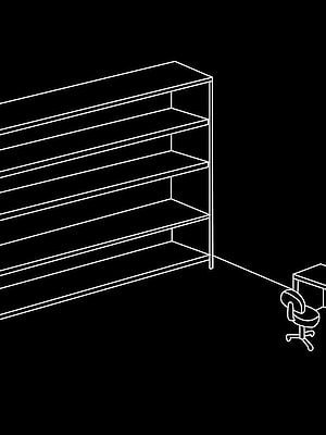 Minimalist White Line Art of Empty Bookshelf and Office Chair on Black Background HD phone wallpaper
