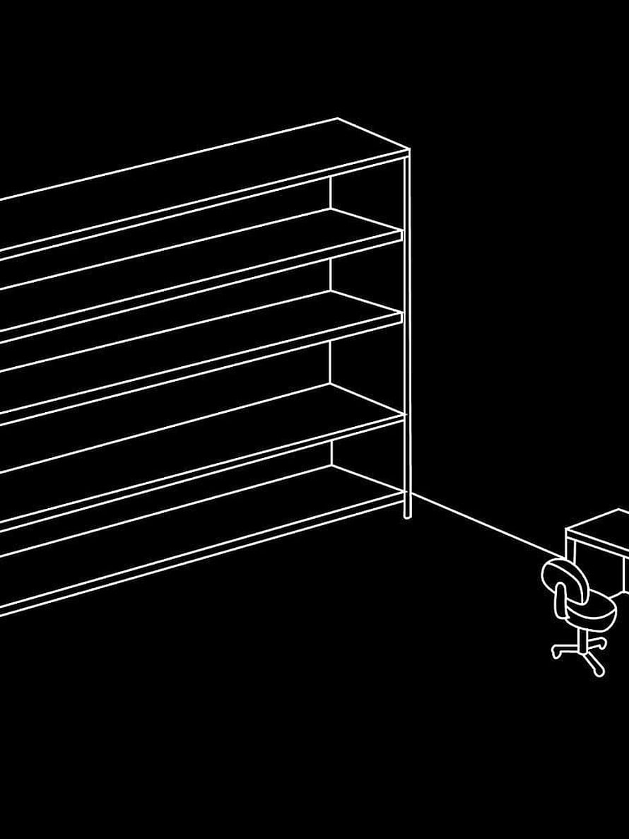 Minimalist White Line Art of Empty Bookshelf and Office Chair on Black Background HD phone wallpaper