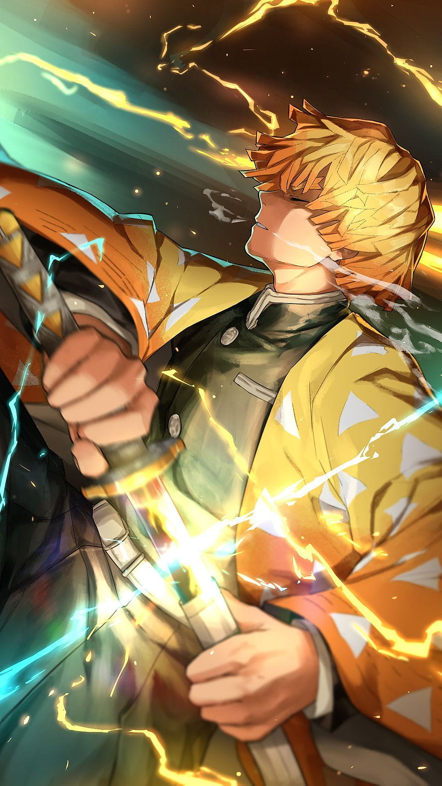 Zenitsu Agatsuma wielding Thunderclap and Flash sword technique in Demon Slayer anime style HD phone wallpaper
