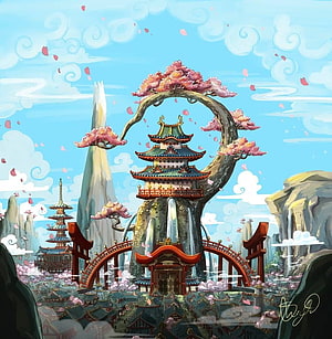Wano Country Fantasy Landscape with Cherry Blossoms and Traditional Pagoda HD phone wallpaper