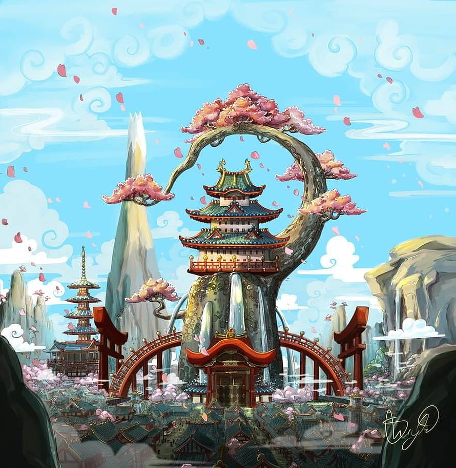 Wano Country Fantasy Landscape with Cherry Blossoms and Traditional Pagoda HD phone wallpaper