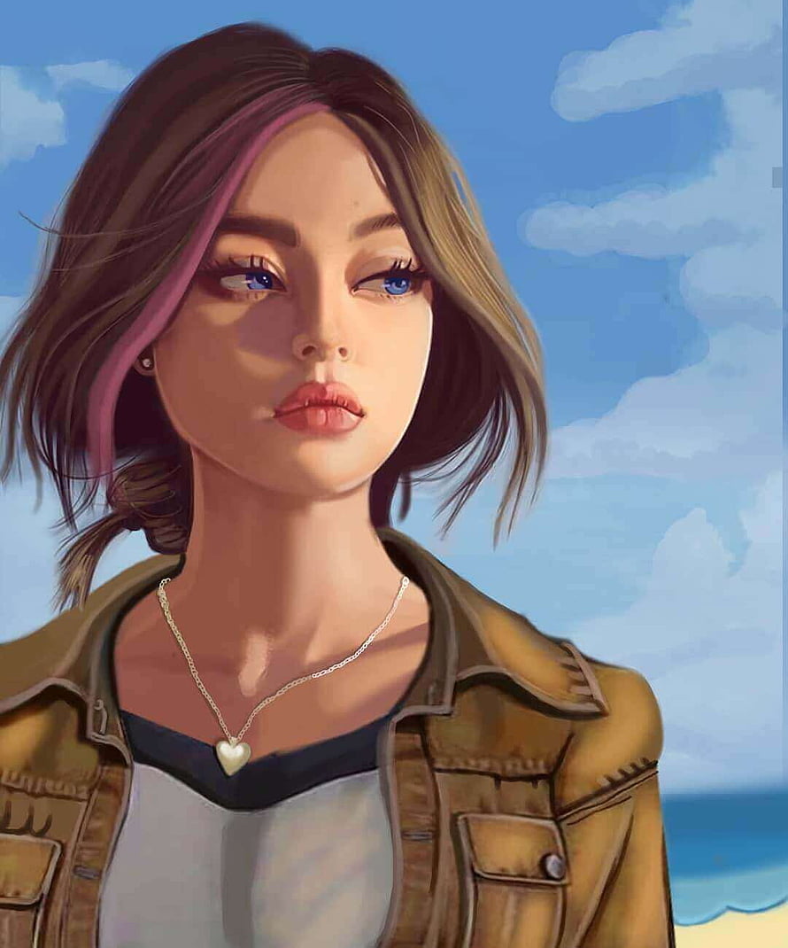 Digital Art Portrait of a Girl with Pink Hair Streak and Blue Eyes Wearing a Brown Jacket HD phone wallpaper