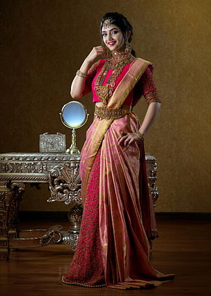 Sree Leela in Traditional Red and Gold Saree with Ornate Jewelry HD phone wallpaper