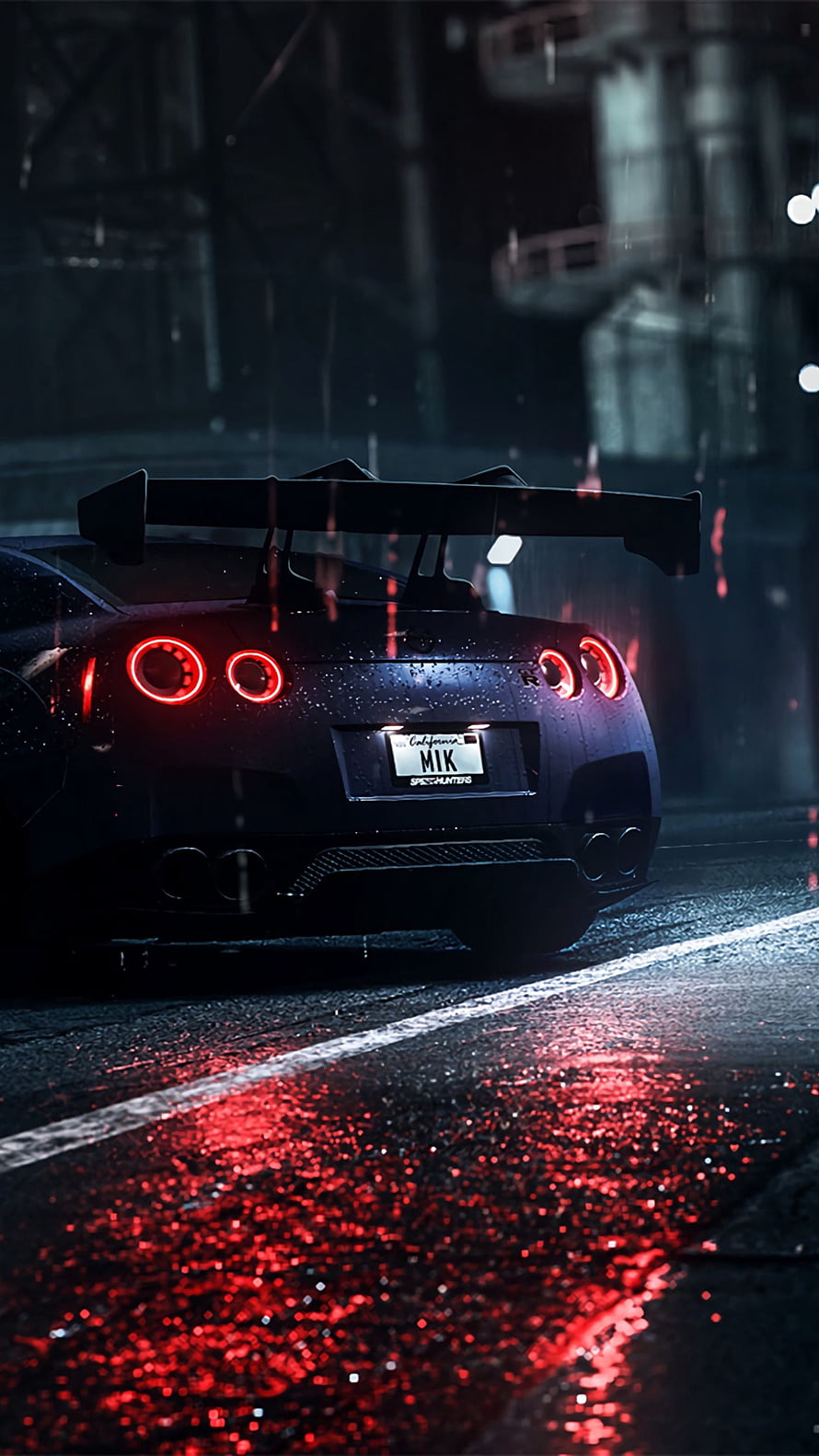 Nissan GT-R R35 Rear View in Rainy Night with Red Taillight Reflections HD phone wallpaper
