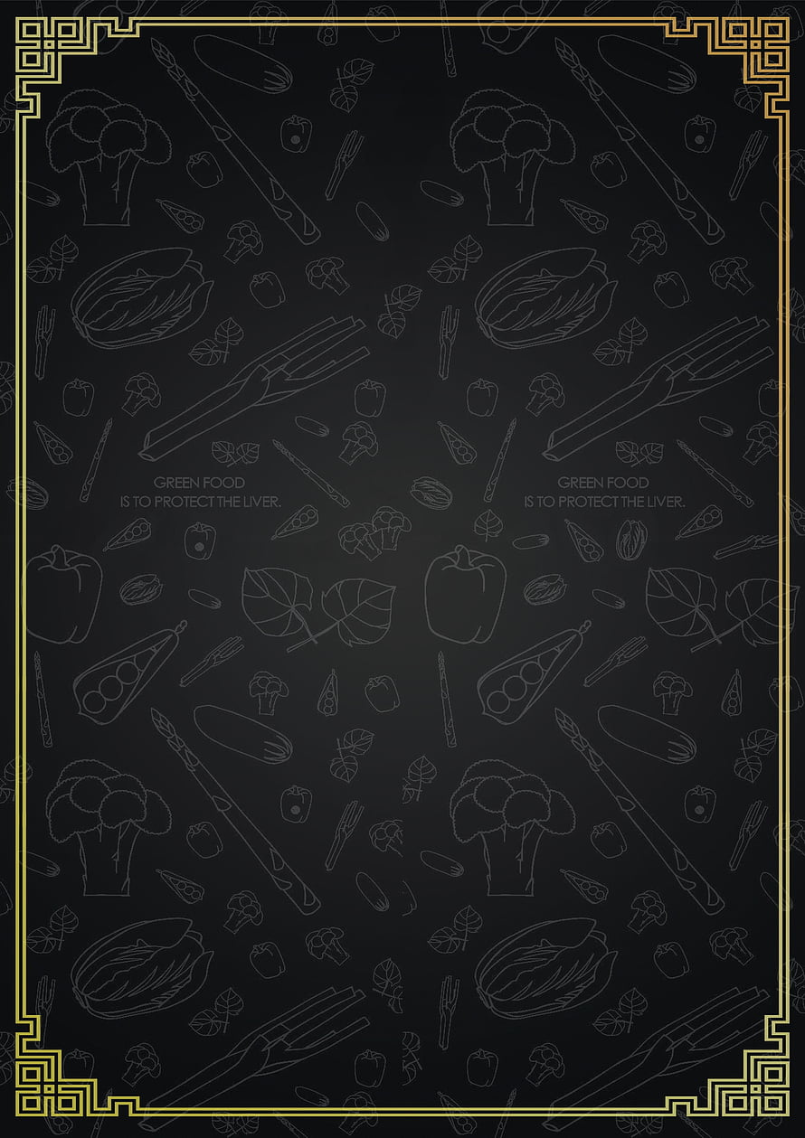 Black Background With Green Food Outline Pattern And Gold Border HD phone wallpaper