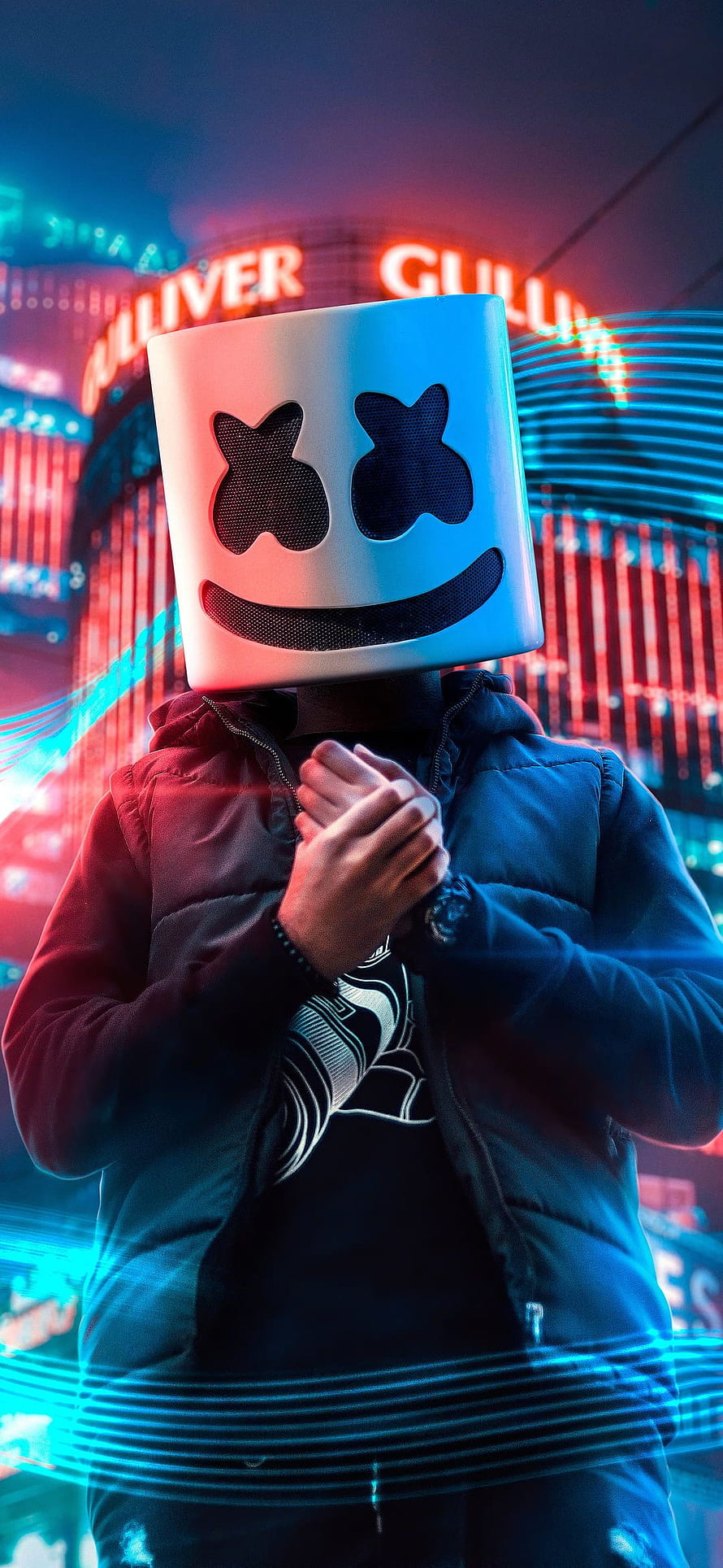 Marshmello DJ in Iconic White Mask with Neon Cyberpunk Lighting HD phone wallpaper