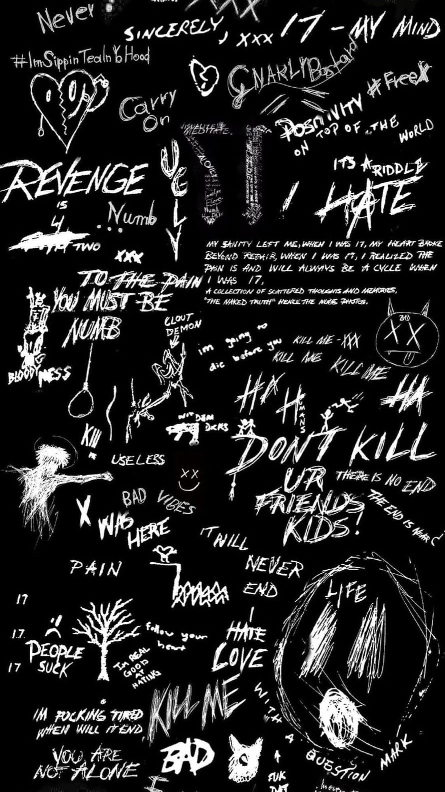 Black and White Grunge Aesthetic Wallpaper with Chaotic Handwritten Text and Doodles HD phone wallpaper