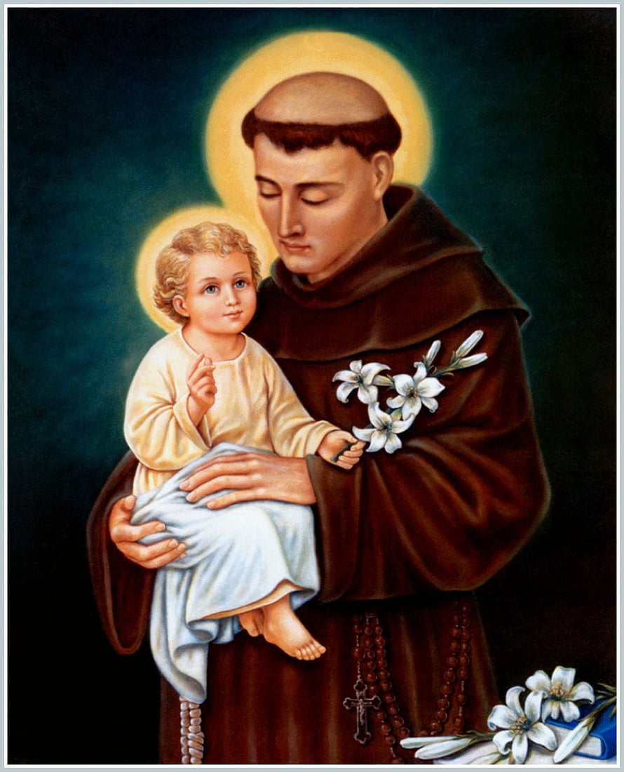 Saint Anthony of Padua Holding the Christ Child with White Lilies and Rosary HD phone wallpaper