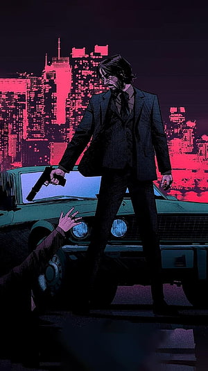 John Wick standing over a fallen figure with a pistol in a neon-lit city street HD phone wallpaper