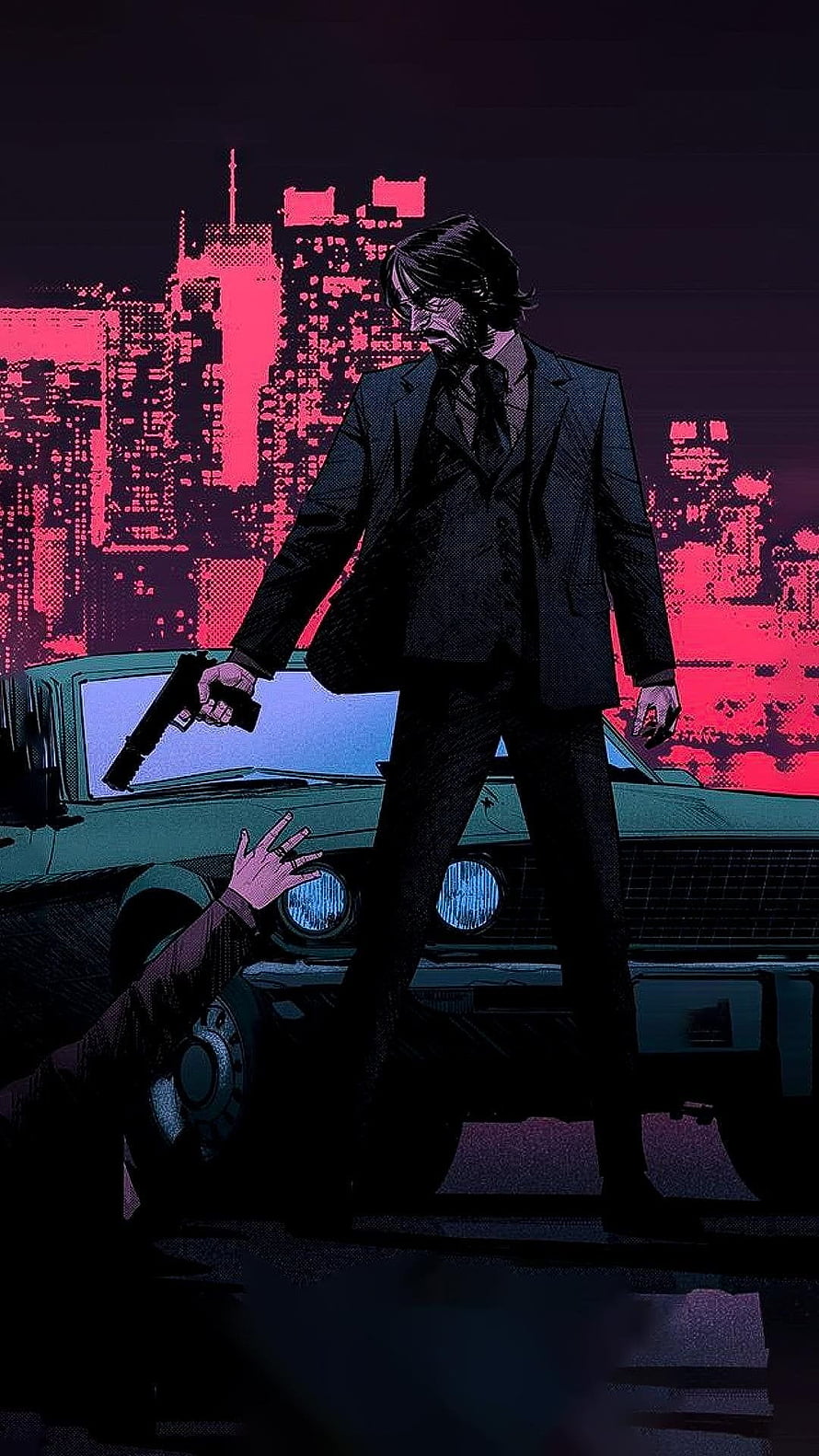 John Wick standing over a fallen figure with a pistol in a neon-lit city street HD phone wallpaper