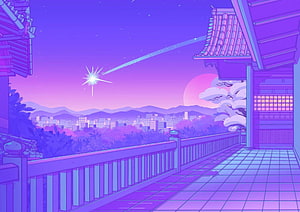 Purple Aesthetic Anime Scene: Japanese Temple Balcony at Dusk with Shooting Star and City Skyline HD wallpaper