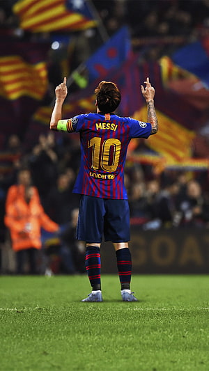 Lionel Messi Celebrating in FC Barcelona Blue and Red Striped Kit HD phone wallpaper