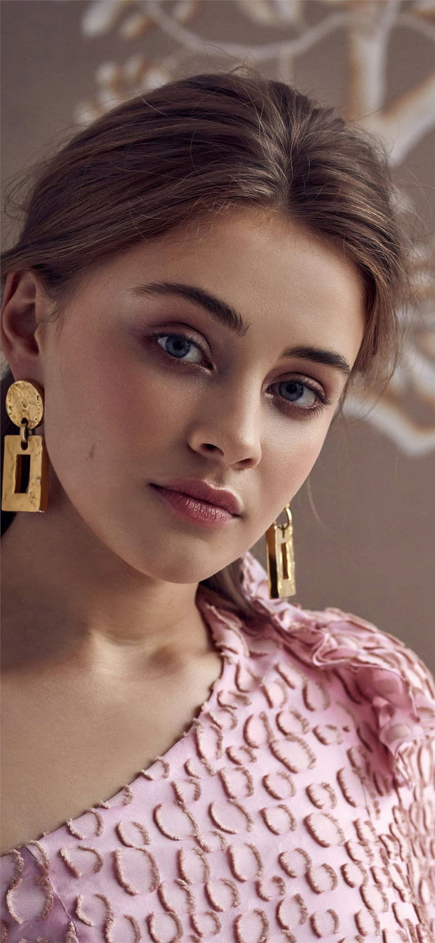 Josephine Langford Portrait in Pink Textured Top with Gold Earrings HD phone wallpaper