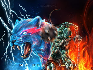 Fantasy Artwork Featuring A Blue Electric Panther And A Green Demon Warrior With Fire HD wallpaper