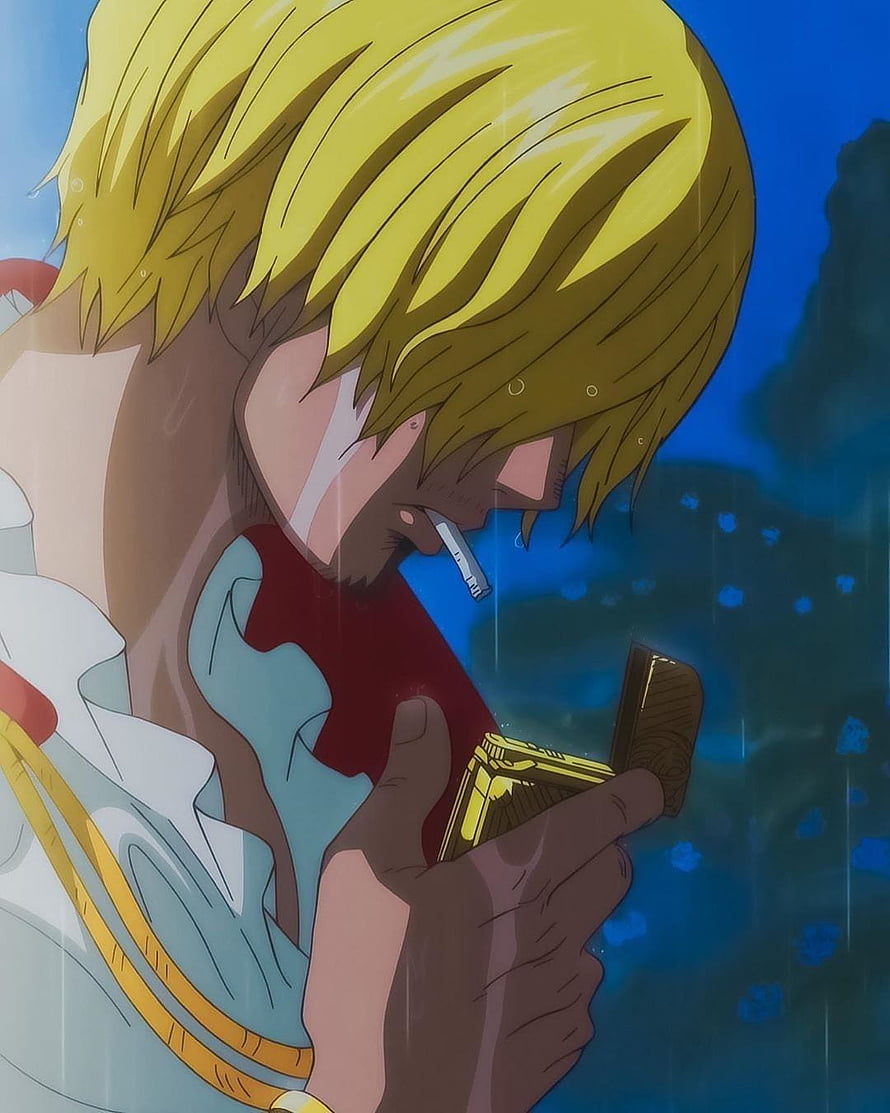 Sanji from One Piece smoking a cigarette and looking at a golden pocket watch in the rain HD phone wallpaper