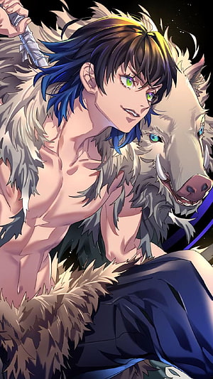 Inosuke Hashibira Demon Slayer Anime Character with White Boar HD phone wallpaper