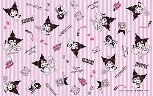 Kuromi Sanrio Character Pattern Wallpaper with Pink Stripes and Cute Accessories HD wallpaper