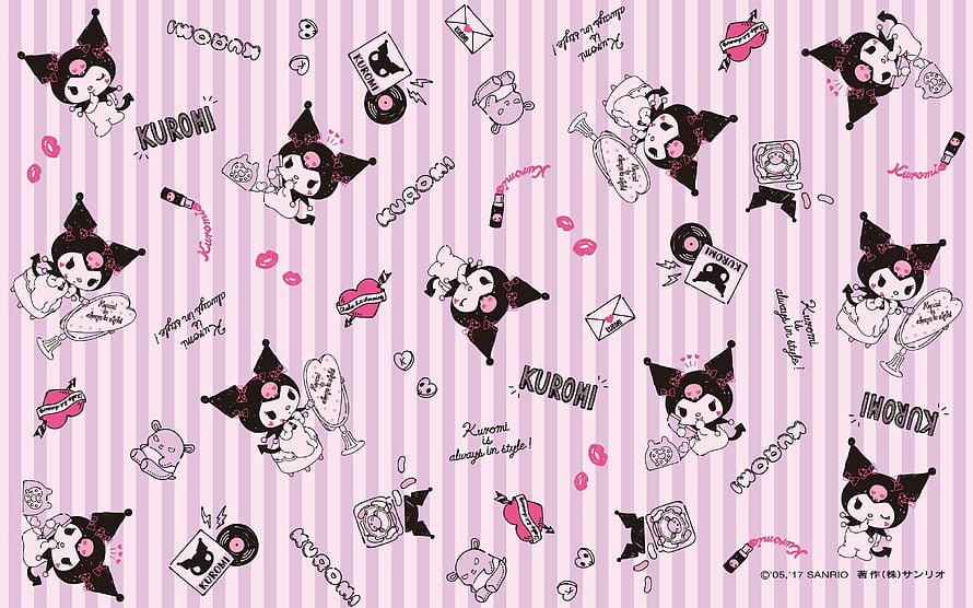 Kuromi Sanrio Character Pattern Wallpaper with Pink Stripes and Cute Accessories HD wallpaper