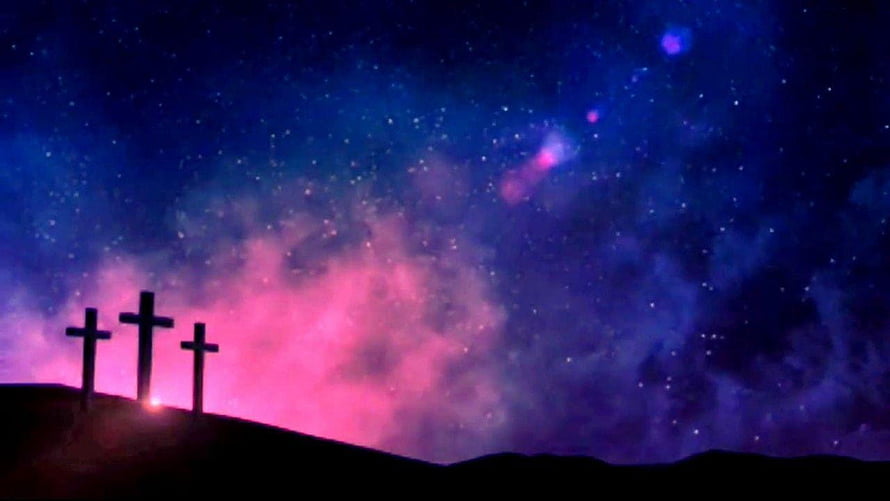Three Crosses Silhouette on Hill Against Pink and Purple Galaxy Sky HD wallpaper