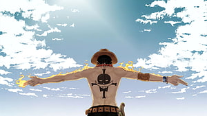 Portgas D. Ace Back View with Flame Arms and Jolly Roger Tattoo Under Blue Sky HD wallpaper