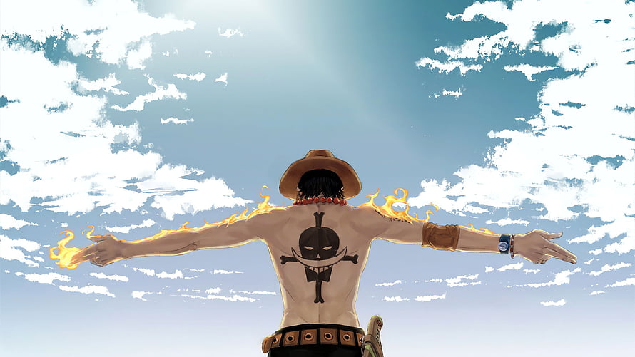 Portgas D. Ace Back View with Flame Arms and Jolly Roger Tattoo Under Blue Sky HD wallpaper