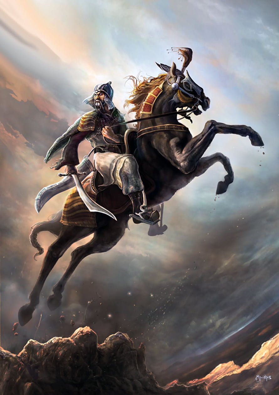 Epic Fantasy Warrior on Rearing Horse with Scimitar HD phone wallpaper