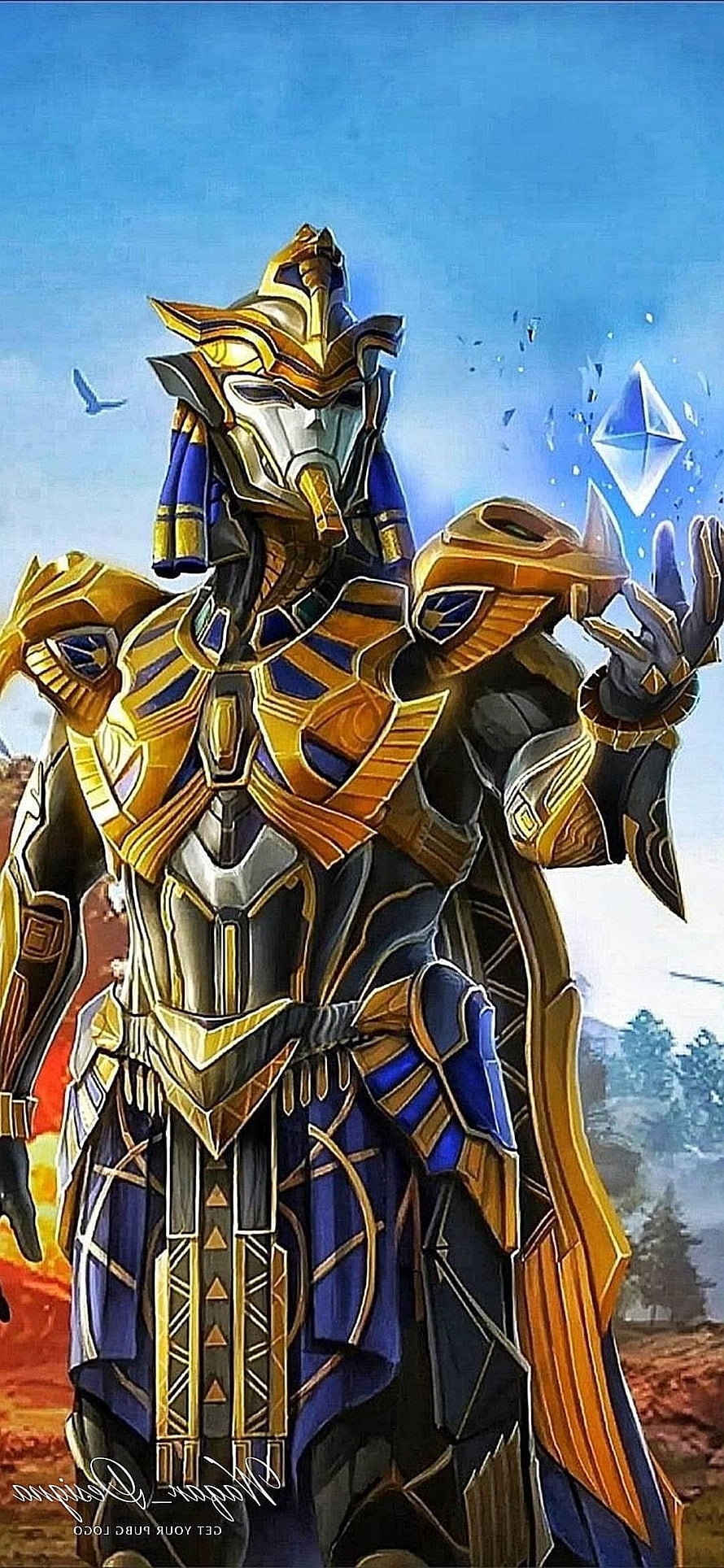 PUBG Gold and Blue Armored Character Concept Art with Floating Crystal HD phone wallpaper