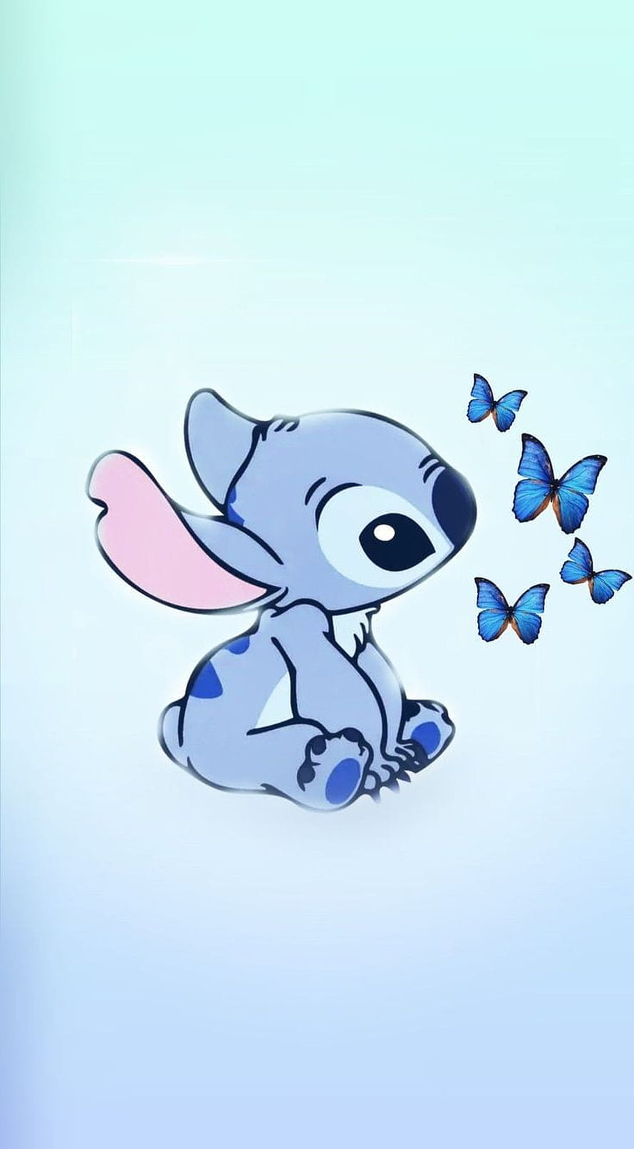 Cute Baby Stitch Sitting With Blue Butterflies On Light Blue Background HD phone wallpaper