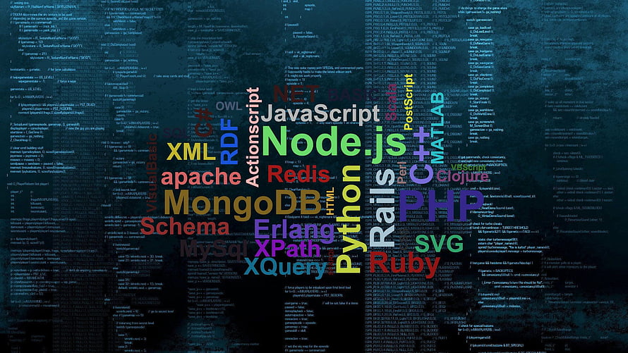 Colorful Programming Languages Word Cloud on Dark Code Background HD wallpaper