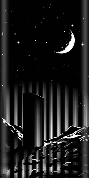 Minimalist Black and White Moonlit Mountain Landscape with Vertical Lines HD phone wallpaper