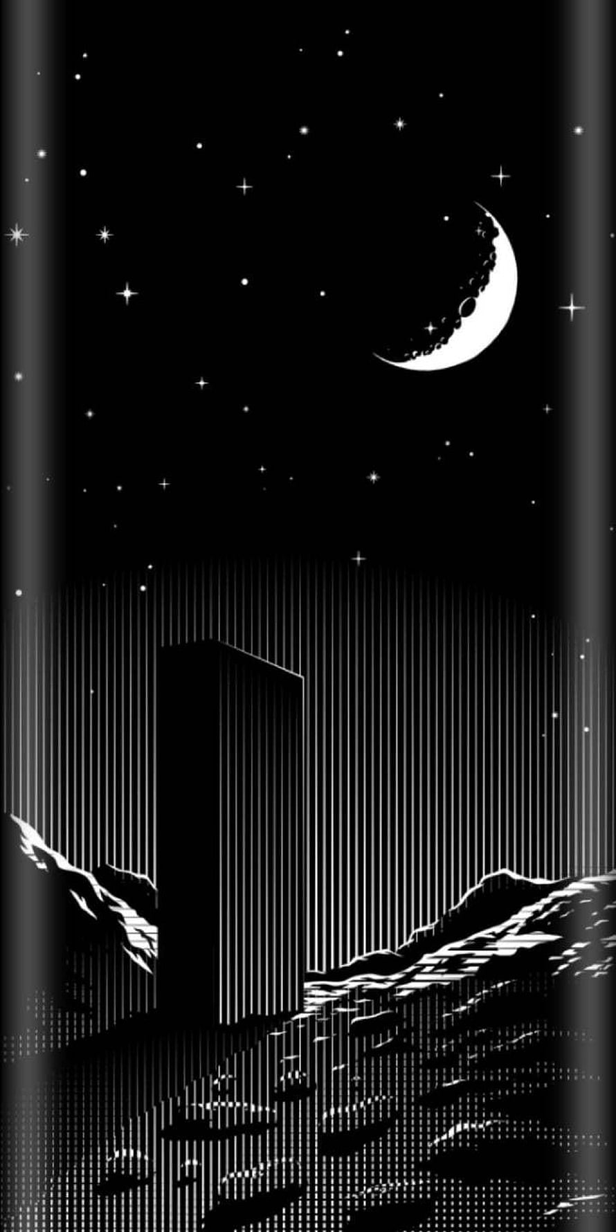 Minimalist Black and White Moonlit Mountain Landscape with Vertical Lines HD phone wallpaper