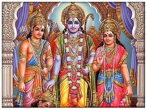 Lord Rama with Sita and Lakshmana in ornate traditional Indian temple artwork HD wallpaper