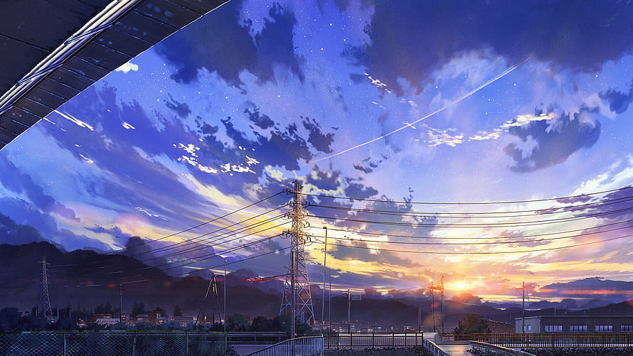 Anime Style Sunset Sky With Power Lines And Mountains HD wallpaper